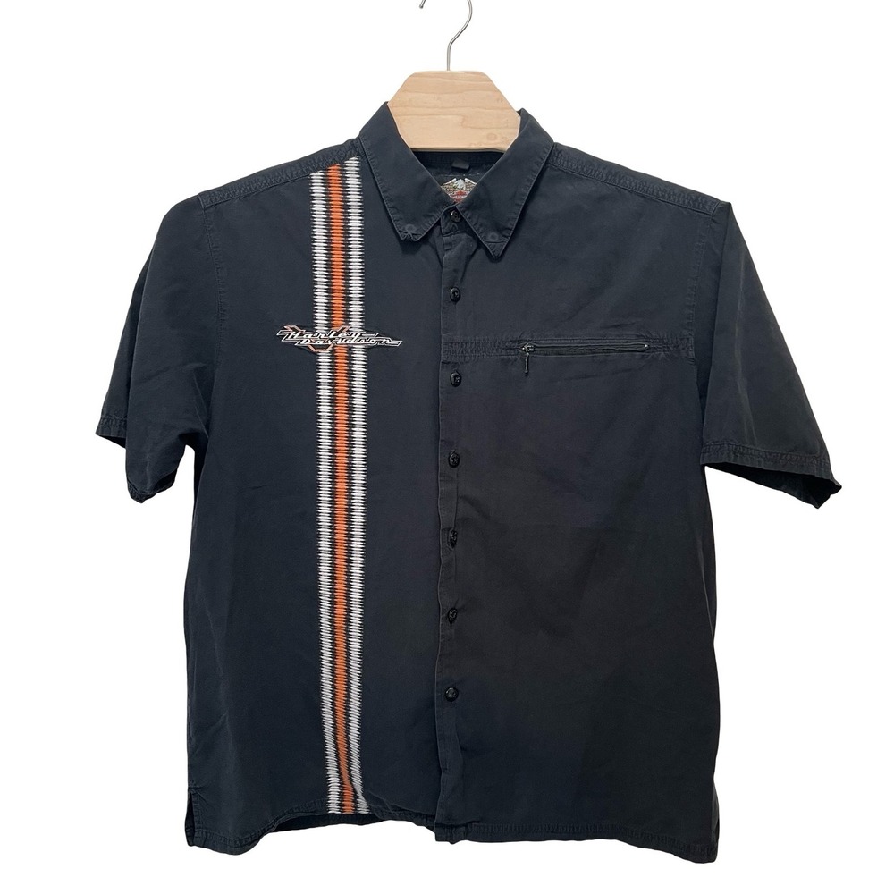 Harley Davidson Mens XL Black Short Sleeve Button Up Shirt Racing Stripe Logo